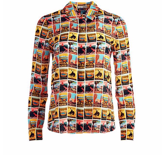 Alice + Olivia Western Postcard with Tag Print Silk Shirt Button-down Top - Picture 12 of 15